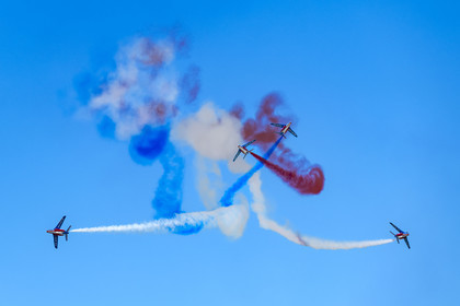 France, Bouches du Rhone, Salon de Provence, air base 701, base of the Patrouille de France (PAF for Patrouille acrobatique de France) of the French Air and Space Force, crossing figure during a training flight of Alphajet aircraft