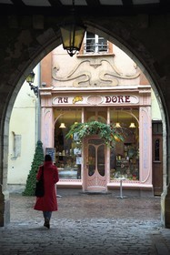 France, Haut Rhin, Colmar, Cafe with its art nouveau facade on rue des Marchands at Christmas