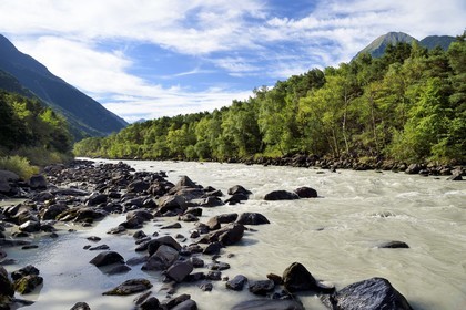 Switzerland, Canton of Vaud, Lavey-Morcles, the Rhone river still tumultuous a few kilometers upstream from Lake Geneva