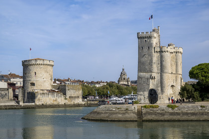 France, Charente Maritime, La Rochelle, the Old Port, Tour de la Chaine left and Tour Saint Nicolas right protect the entrance to the Old Port
