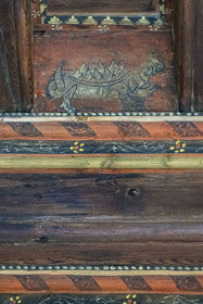 France, Bouches du Rhone, Tarascon, King René's castle dating from the 15th century, shutters, painted panels depicting familiar or fantastic characters and animals, which still adorn the larch wood ceilings, here the Tarasque