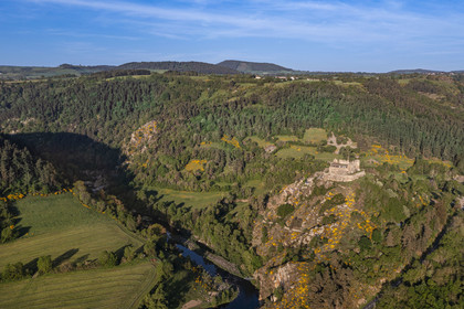 France, Haute-Loire (43), Goudet, Beaufort castle built around 1200 overlooks the Loire Valley, hiking with a donkey on the Robert Louis Stevenson Trail (GR 70) (aerial view)