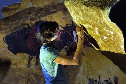 France, Dordogne, Montignac, the Atelier des Fac-Similés du Périgord (Perigord's Facsimile Workshop AFSP) specialised in mineral reproduction of prehistoric painted walls using “stone veil” patented technique and in charge of the Lascaux cave’s walls faithfull reconstitution, reproductions of the paintings, compulsory mention Atelier des Fac-Similés du Perigord