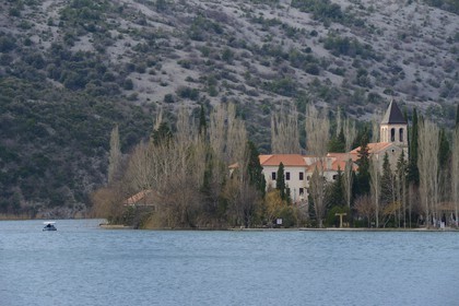 Croatia, Dalmatia, Krka National Park where Krka River becomes Lake Visovac, the Visovac Franciscan Monastery on the island