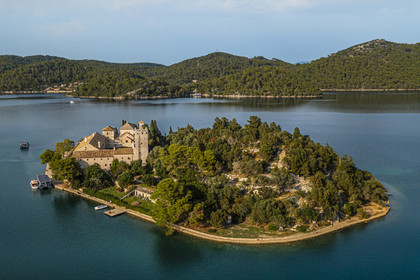 Croatia, Dalmatia, Dalmatian coast, Island of Mljet, National Park of Mljet, former Benedictine monastery on the islet of Sainte Mary (Sveta Marija) (aerial view)