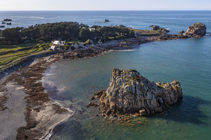 France, Cotes-d'Armor, Cote d'Ajoncs, Plougrescant, rocks at the beach of Porz Hir or Pors-hir and La Pointe du Chateau in the background (aerial view)