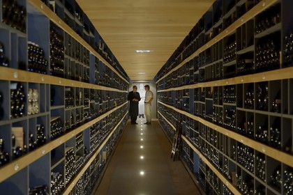 France, Rhone, Collonges au Mont d'Or, Paul Bocuse Restaurant L'Auberge du Pont de Collonges, three Michelin stars since 1965, the sommelier Mathieu vial in the wine cellar