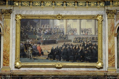 France, Yvelines, Chateau de Versailles, listed as World Heritage by UNESCO, Midi Wing, semicircular auditorium of the Parliament Congress, painting (copy by Bassot in 1893 based on Couder's artwork) illustrating the opening meeting of the French States General in the Salle des Menus Plaisirs at Versailles in May 5, 1789 with the three orders listenning the Necker's spreech, the accountant general of King Louis XVI