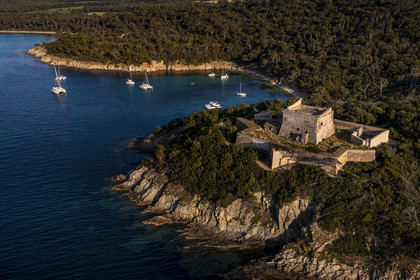 France, Var, Iles d'Hyeres, Parc National de Port Cros (National park of Port Cros), Porquerolles island, the Alycastre Fort with an exterior wall star shaped (aerial view)