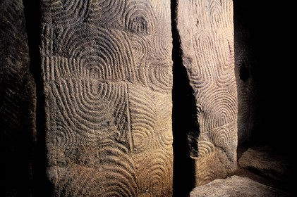 France, Morbihan, Gulf of Morbihan, covered gallery of engraved stones of the Gavrinis burial mound (tumulus) dated 3500 BC