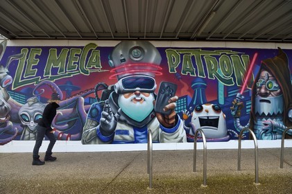 France, Meurthe-et-Moselle, Nancy, Haussonville covered market, fresco on the theme of Saint-Nicolas by the Moulin Crew   Phantasia collective