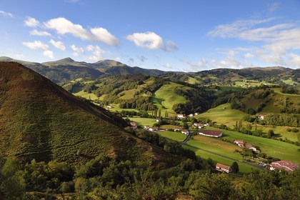 France, Pyrénées-Atlantiques (64), Pays-Basque, vallée des Aldudes, élevage Pierre Oteiza de porcs basques de race pie noir en bas à droite et le mont Ahadi en arrière plan gauche