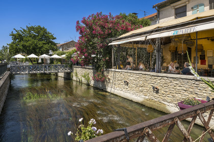France, Vaucluse, L'Isle sur la Sorgue, the outskirts of one of the many branches of the Sorgue river on avenue des Quatre Otages
