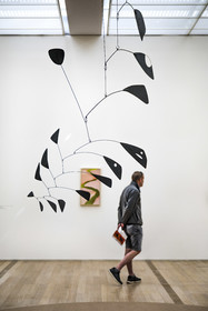 Switzerland, Basel, Riehen, Beyeler Foundation, Black Mobile with Hole (1954) by Alexander Calder