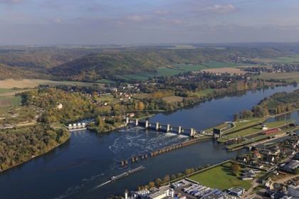 France, Eure, Port Mort, dam and locks on the Seine River (aerial view)