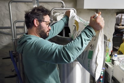 France, Haut Rhin, Strasbourg, Kaysersberg, Bisaigue brewery, the craft brewer Thibaut Ancel offers unfiltered and unpasteurized beers