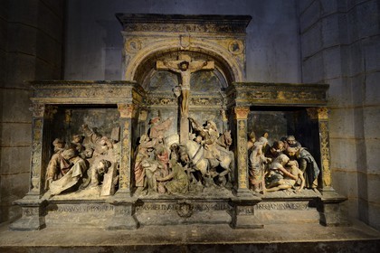 France, Meuse, Lorraine Regional Park, Cotes de Meuse, Hattonchatel, Collegiate Saint-Maur Church housing a Renaissance altarpiece representing three episodes of the Passion in polychrome carved stone from 1523 attributed to Ligier Richier
