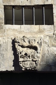 France, Seine-Maritime (76), Rouen, maison de maitre drapier-teinturier au 134 rue Eau-de-Robec, salamandre datée de 1601 au dessus de la porte