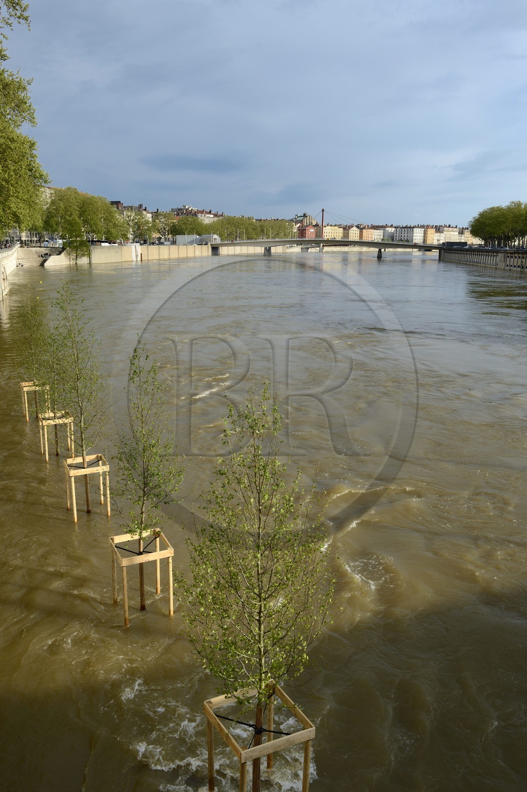 France, Rhone, Lyon, historical site listed as World Heritage by UNESCO, Quai de la Pecherie under water during the Saone River overflow