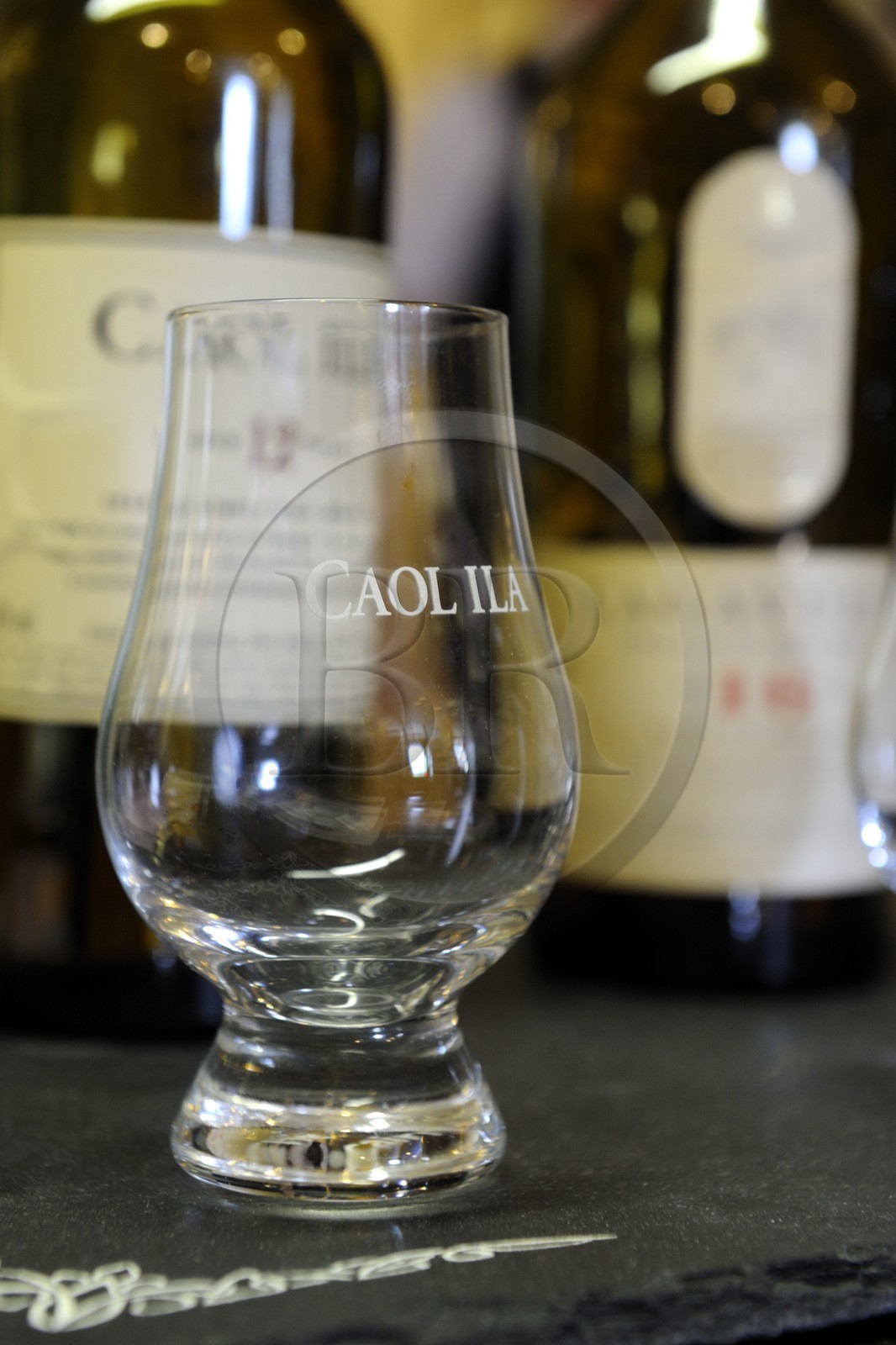 Royaume-Uni, Ecosse, Hébrides intérieures, Ile de Islay, Port Ellen, distillerie de whisky Lagavulin, verre Caol Ila