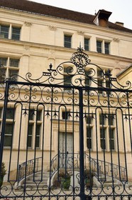 France, Aisne, Château-Thierry, Jean de La Fontaine Museum - city of Chateau-Thierry in the birthplace of the poet and writer, the Renaissance facade and the steps on the courtyard side