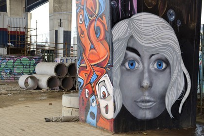 Afrique du Sud, province de Gauteng, Johannesburg, CBD (Central Business District), Newtown, peintures murales sous l'autoroute M1 De villiers Graaff motorway