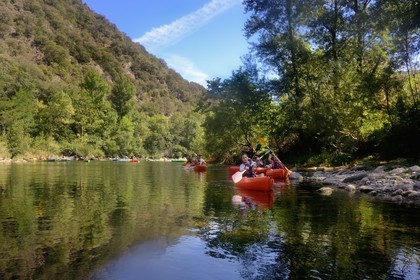 France, Herault, Orb river valley at Roquebrun, kayaking the river Orb