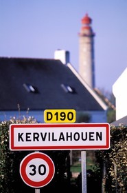 France, Morbihan, Belle Ile island, to the bottom of the big lighthouse, Kervilahouen village's road sign