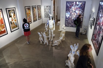 France, Paris, Arts Factory, Contemporary art gallery, exhibition of the artist Paul Toupet (sculpture) and Mikael de Poissy (paintings of tattoos)