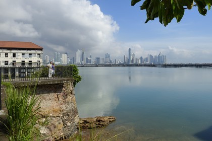 Panama, Panama City, the waterfront and skyscrapers seen from Casco Antiguo (Viejo) quarter, Colon point and the Trump tower in background right