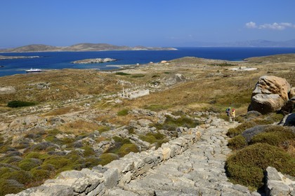 Greece, Cyclades islands, Delos, listed as World Heritage by UNESCO, the archaeological site of Delos, Apollo's Sanctuary, the most ancient city of the Aegean Sea, staircase rising to Mount Kynthos