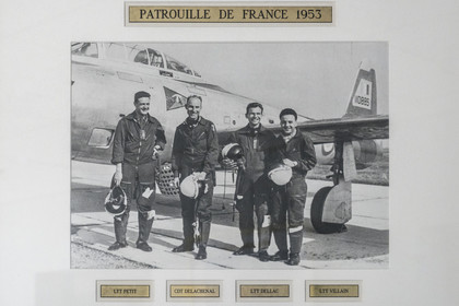 France, Bouches du Rhone, Salon de Provence, air base 701, base of the Patrouille de France (PAF for Patrouille acrobatique de France) of the French Air and Space Force, photo of the patrol of the 3rd fighter wing of Reims which obtained the name Patrouille de France for the first time in 1953, image framed in the premises of the PAF