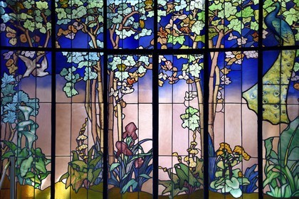 France, Meurthe-et-Moselle, Nancy, Ecole de Nancy Museum in the former estate of Eugene Corbin, central elements of the stained glass window of the Veranda La Salle and Colombe and Peacock circa 1904 by Jacques Gruber