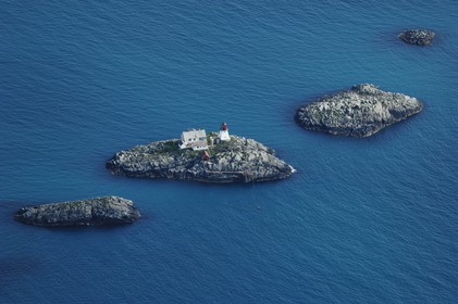 Norway, Nordland County, lighthouse of Moholmen off the Lofoten islands (aerial view)