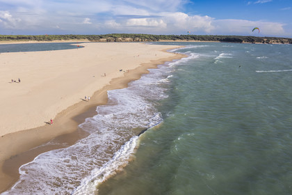 France, Vendée (85), Talmont Saint Hilaire, la Pointe du Payré, kitesurfing at Veillon beach (aerial view)