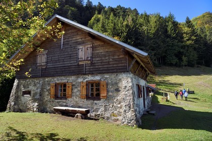 France, Haut-Rhin (68), Parc naturel régional des ballons des Vosges, Storckensohn, montagne de La Tête des Perches, la chaume de Gazon vert, refuge dans l'ancienne ferme