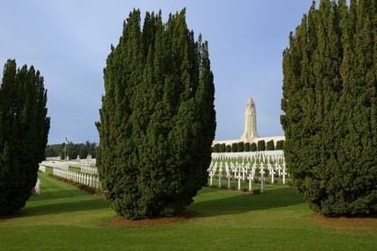 France, Meuse, Douaumont, battle of Verdun, ossuary of Douaumont, soldiers graves aligned in front of the national necropolis