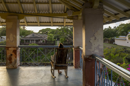 France, French Guiana, Kourou, Salvation Islands (Iles du Salut), Royal Island, View of the guards' quarters from the terrace of the Auberge des Iles