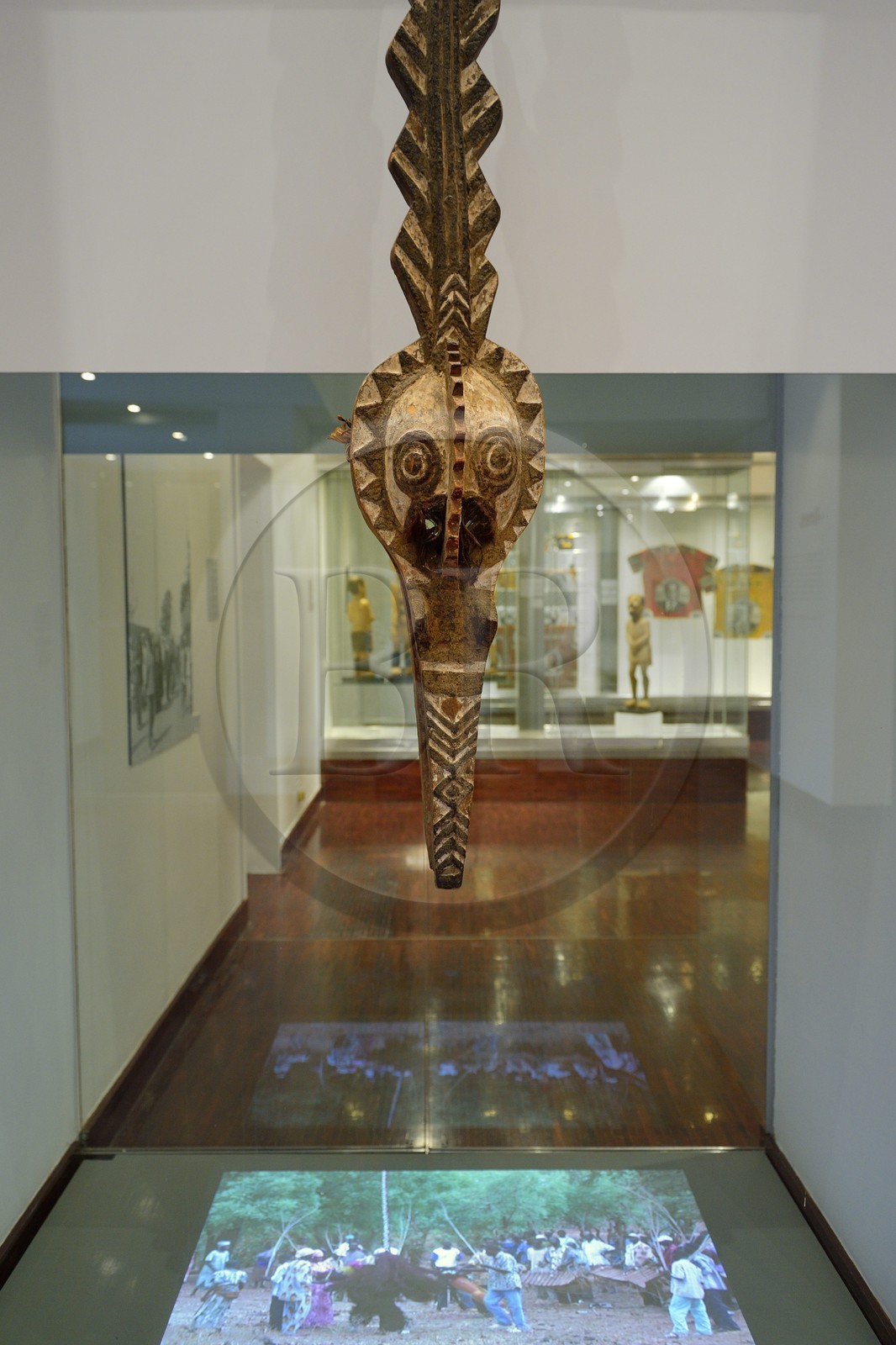 Afrique du Sud, province de Gauteng, Johannesburg, la Standard Bank Gallery, Grand masque de serpent de l'ethnie Bwa au Burkina Faso et video in situ
