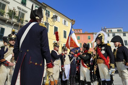 Italy, Liguria, Sarzana, Napoleon Festival, Napoleon reviews the troops along with the Marshal of the Empire Massena on the Piazza Matteotti