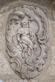 France, Herault, Montpellier, historic center called the Ecusson, Hotel de Varenne, private mansion dating from medieval times and home to the Museum of Old Montpellier, representation of Saint-Roch, holy healer of plague victims in the 14th century and saint of pilgrims, protector of the city