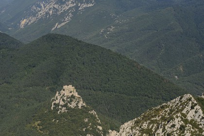 France, Aude, Cathar castle of Puilaurens (aerial view)