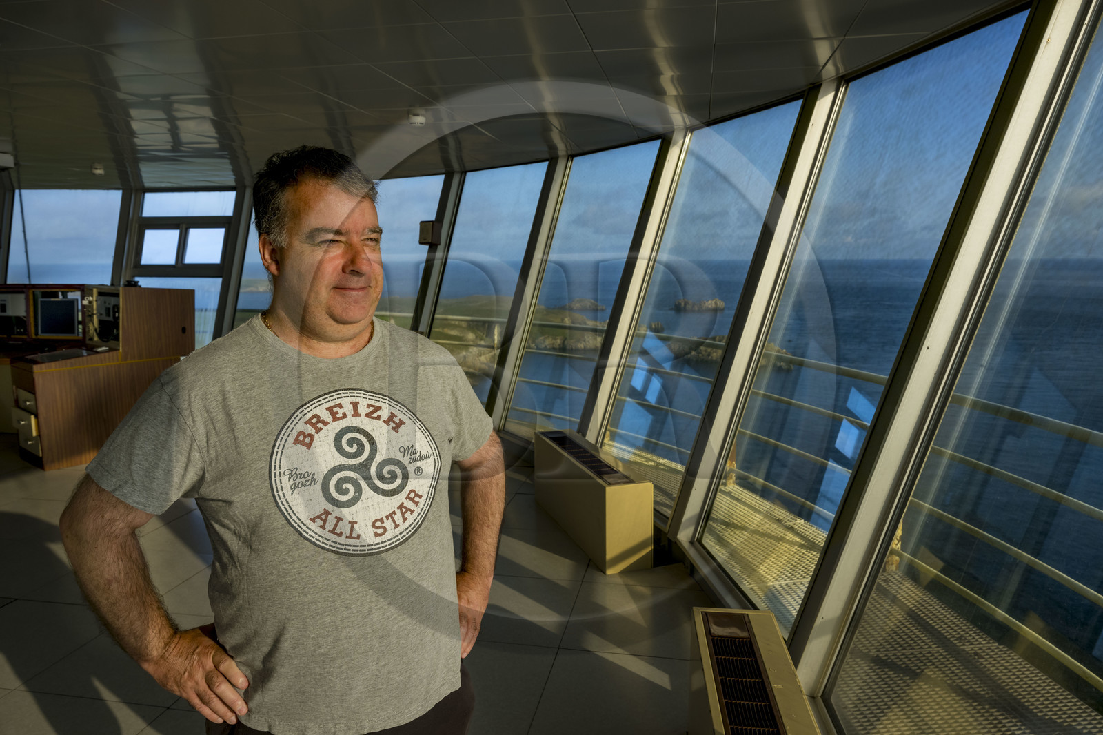 France, Finistère, Iroise Sea, Ouessant Island, Stiff radar tower by architect Jean Prouvé (1982) which monitors the maritime traffic rail in the Channel for the Cross Corsen, Patrick Cornic, CROSS technician in post since 2014