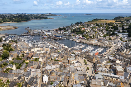 France, Cotes d'Armor, Paimpol, the old town, the port and the cove of Paimpol (aerial view)