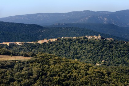 France, Var, Gulf of Saint Tropez, the hilltop village of Gassin, labelled Les Plus Beaux Villages de France (The Most Beautiful Villages of France) (aerial view)