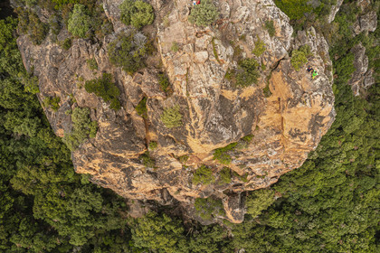 France, Var, between Bagnols en Foret and Roquebrune sur Argens, hikers at the entrance of the Gorges du Blavet (aerial view)
