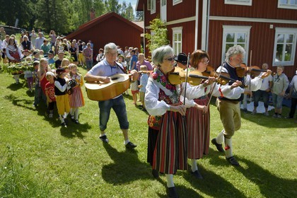 Suède, comté de Dalécarlie, région de Leksand, célébrations du solstice d'été dans le petit hameau de Sunnanäng, défilé des enfants portant l'arbre de Mai avant qu'il ne soit érigé