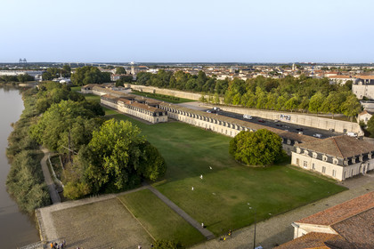 France, Charente Maritime, Rochefort, International Sea Center in the former maritime Arsenal of Rochefort, the Corderie Royale designed by Colbert in 1666 on the banks of the Charente river (aerial view)