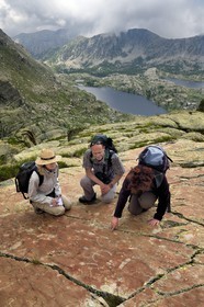 France, Alpes-Maritimes, parc national du Mercantour (Mercantour National Park), the Vallee des Merveilles (Valley of Wonders) scattered with thousands of rupestral engravings of the Bronze Age, the chiappes yellow schist flagstones, hornlike figures observation in the company of archaeologist Nicoletta Bianchi