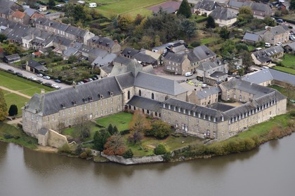 France, Ille-et-Vilaine, forest of Broceliande, the abbey of Paimpont on the edge of the pond (aerial view)